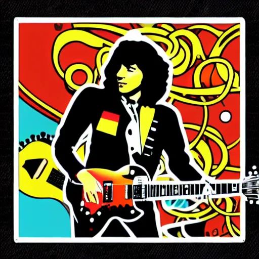 Image similar to 1 9 7 0 - young - jimmy page from led zepelin playing - guitar - solo, sticker - art, svg vector, adobe - illustrator