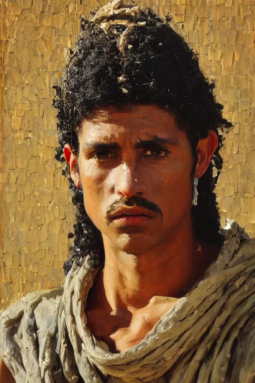 Image similar to highly detailed palette knife oil painting of a historically accurate depiction of the ancient biblical egytian prince Joseph, thoughtful, by Peter Lindbergh, impressionistic brush strokes, painterly brushwork