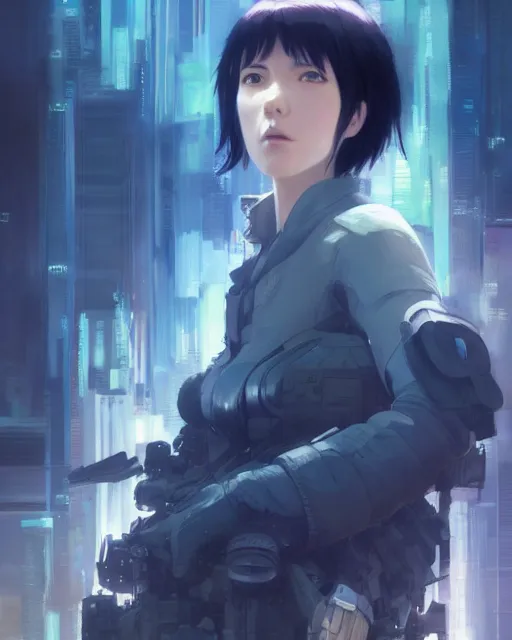 Prompt: still from ghost in the shell if made by krenz cushart and wenjun lin, portrait, illustration, rim light, top light, summer clear blue sky, perfectly shaded, soft painting, epic, intricate, art