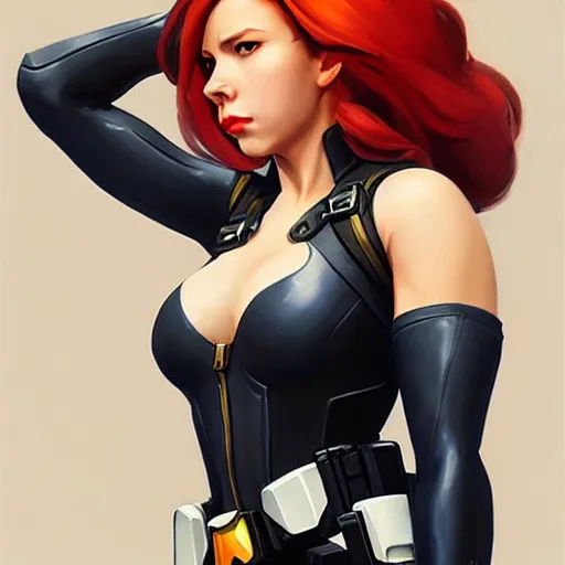 Image similar to greg manchess portrait painting of black widow as overwatch character, medium shot, asymmetrical, profile picture, organic painting, sunny day, matte painting, bold shapes, hard edges, street art, trending on artstation, by huang guangjian and gil elvgren and sachin teng