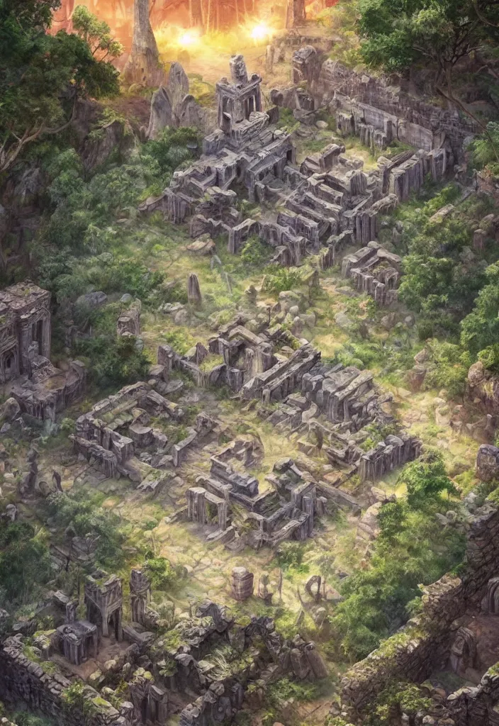 Prompt: comic book cover of ancient ruins made of crystal in a forest ,highly detailed, professional digital painting, Unreal Engine 5, illustration, HD quality, 8k resolution, cinema 4d, cinematic, professional photography, art by artgerm