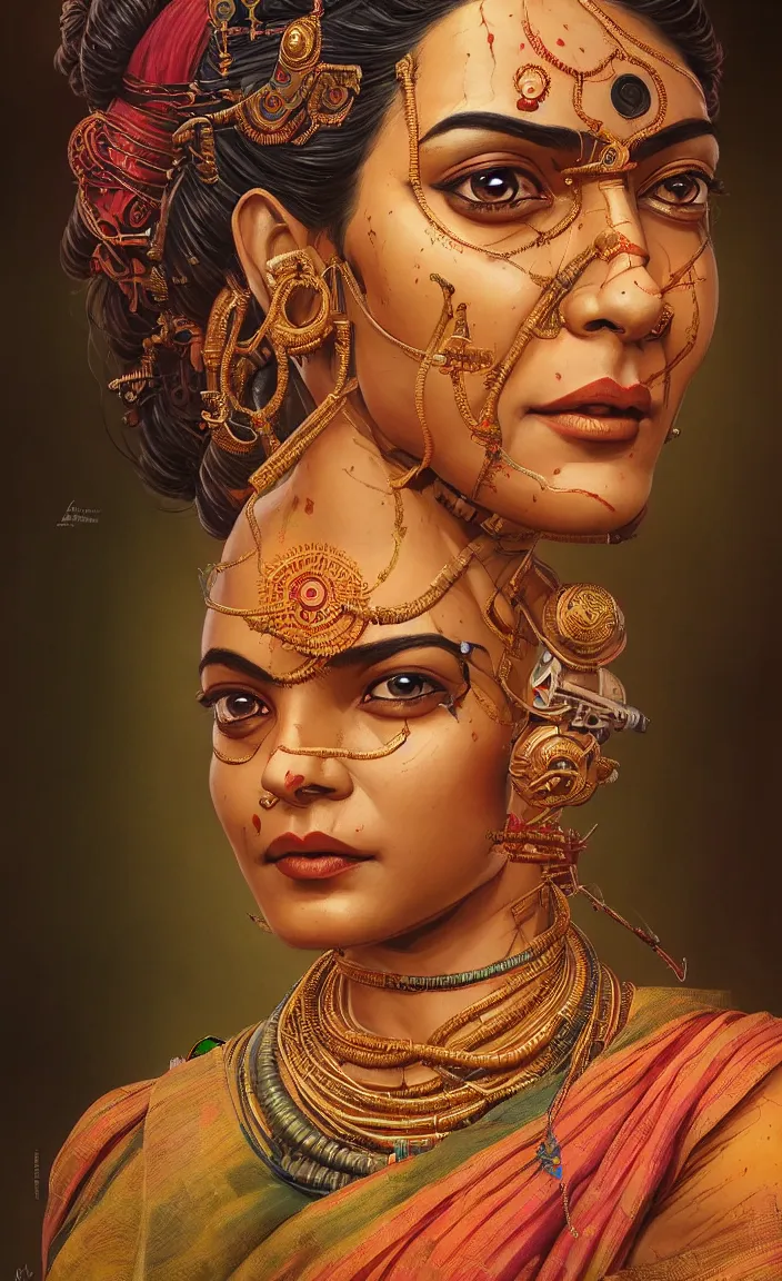 Prompt: a detailed painted portrait of a female cyborg hindu goddess wearing a brocade saree by artist hadi karimi, wlop, artgerm, greg rutkowski, slightly happy facial expression, dramatic lowkey studio lighting, accurate skin textures, hyperrealism, aesthetically pleasing and harmonious vintage colors