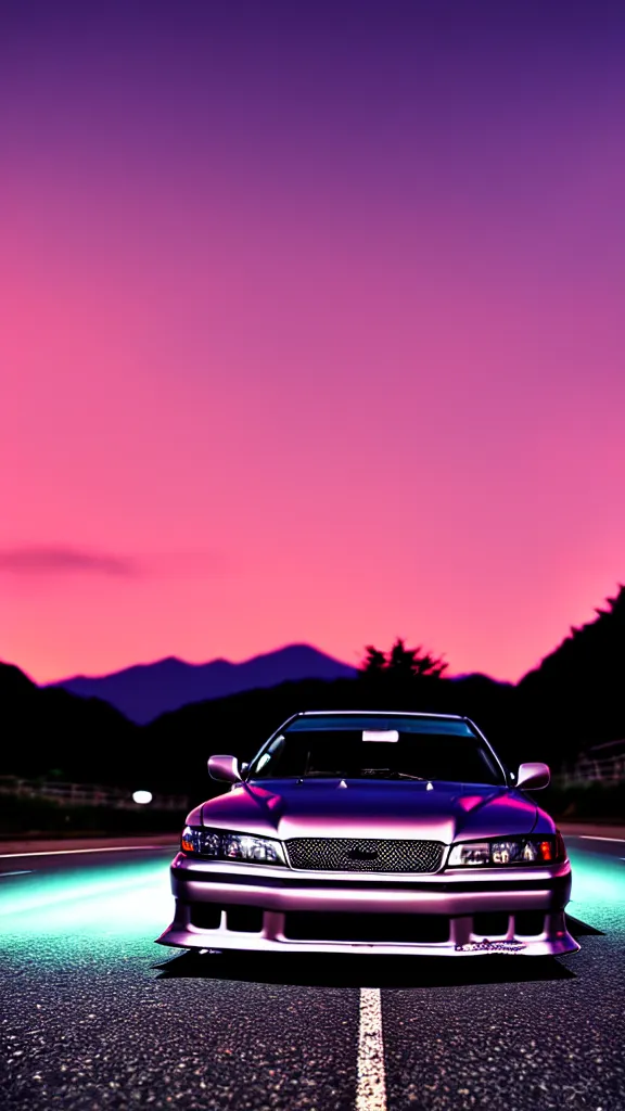 Image similar to a car drift spec JZX100 in middle of road, gunma prefecture, city sunset night, cinematic color, photorealistic, highly detailed