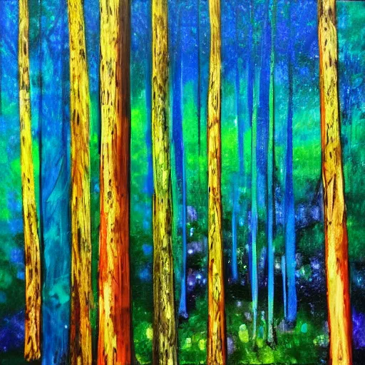 Image similar to paint of acrylic dripped forest with green, blue, red tree trunks. acrylic on canvas, postmodern, impressionist