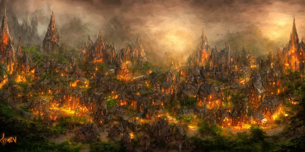 Prompt: high fantasy magical elven town village, gilroy gardens, j. r. r tolkien, lord of the rings, rpg, dungeons and dragons, elden ring, adventure, environment, smooth, sharp focus, deviantart, artstation