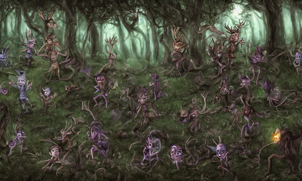 Image similar to Faeries and gnomes fighting a Wendigo in an enchanted forest, photorealistic, dark, digital painting