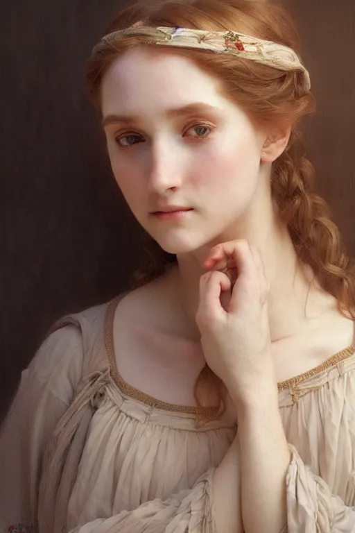 Image similar to Portrait of beautiful pale peasant girl, cinematic lighting, intricate, elegant, highly detailed, digital painting, artstation, smooth, sharp focus, illustration, art by artgerm and greg rutkowski and alphonse mucha and Wayne Barlowe and william-adolphe bouguereau