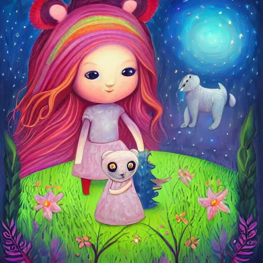 Image similar to a painting of a little girl and a bear, a storybook illustration by Jeremiah Ketner, deviantart contest winner, fantasy art, storybook illustration, digital illustration, deviantart hd