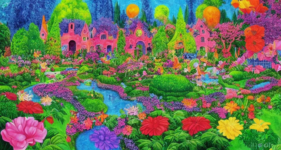 Image similar to bosch painting of a garden using lisa frank colors