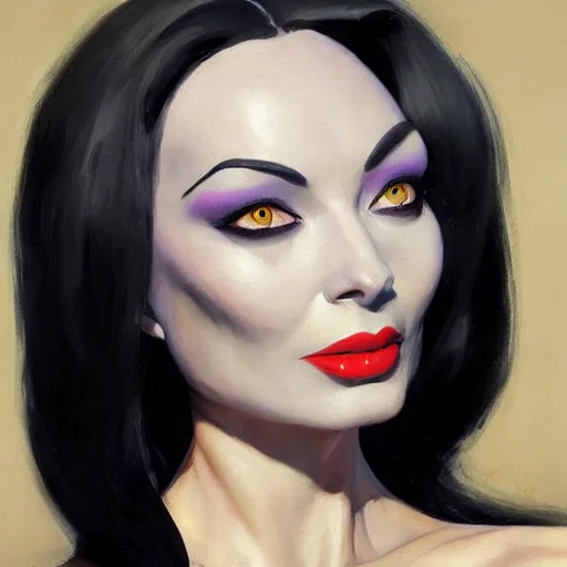 Image similar to greg manchess portrait painting of morticia from addams family as overwatch character, medium shot, asymmetrical, profile picture, organic painting, sunny day, matte painting, bold shapes, hard edges, street art, trending on artstation, by huang guangjian and gil elvgren and greg rutkowski