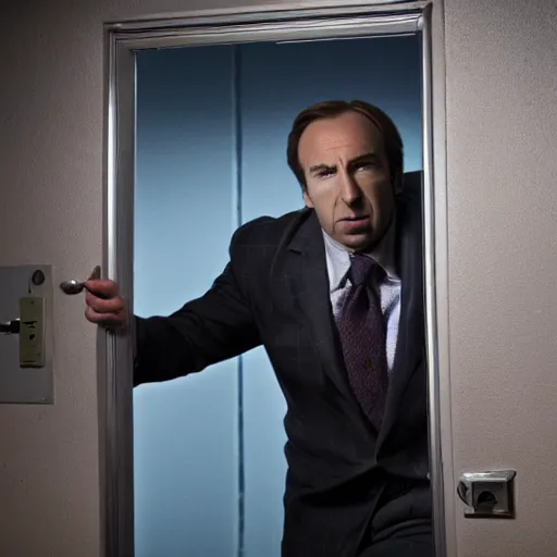 Image similar to Saul Goodman chained in an asylum room, claustrophobic, camera recording