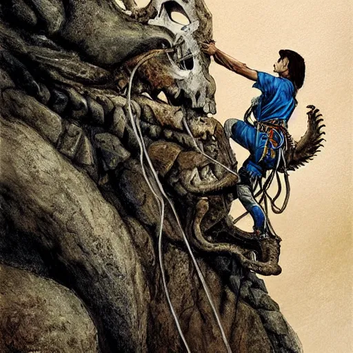 Image similar to rogue rock climber climbing a giant ancient dragons skull, very detailed, fantasy art, dungeons and dragons, belaying, ropes, landscape, cover of national geographic