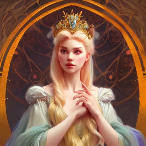 Prompt: Princess Aurora, fantasy, intricate, elegant, highly detailed, digital painting, artstation, concept art, matte, sharp focus, illustration, art by Artgerm and Greg Rutkowski and Alphonse Mucha