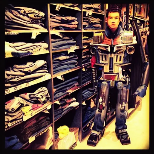 Image similar to “optimus prime shopping for clothes at hot topic”