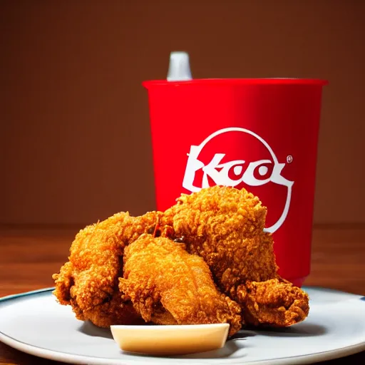 Image similar to a fried chicken milkshake with the kfc logo, next to a shrimp wearing a little red dress on a plate, food photography, studio lighting, hyper realistic, sharp focus, hyper - realistic, 8 k resolution