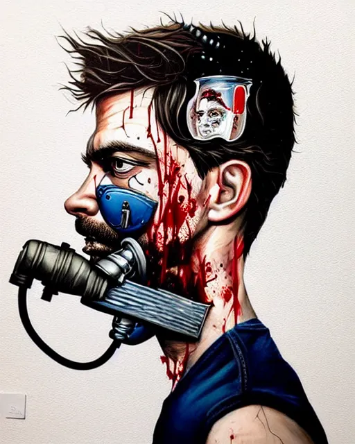 Prompt: portrait of a man wearing oxygen mask, has a sword, blood, a pistol with sea background intricate details with horror side profile by Sandra Chevrier