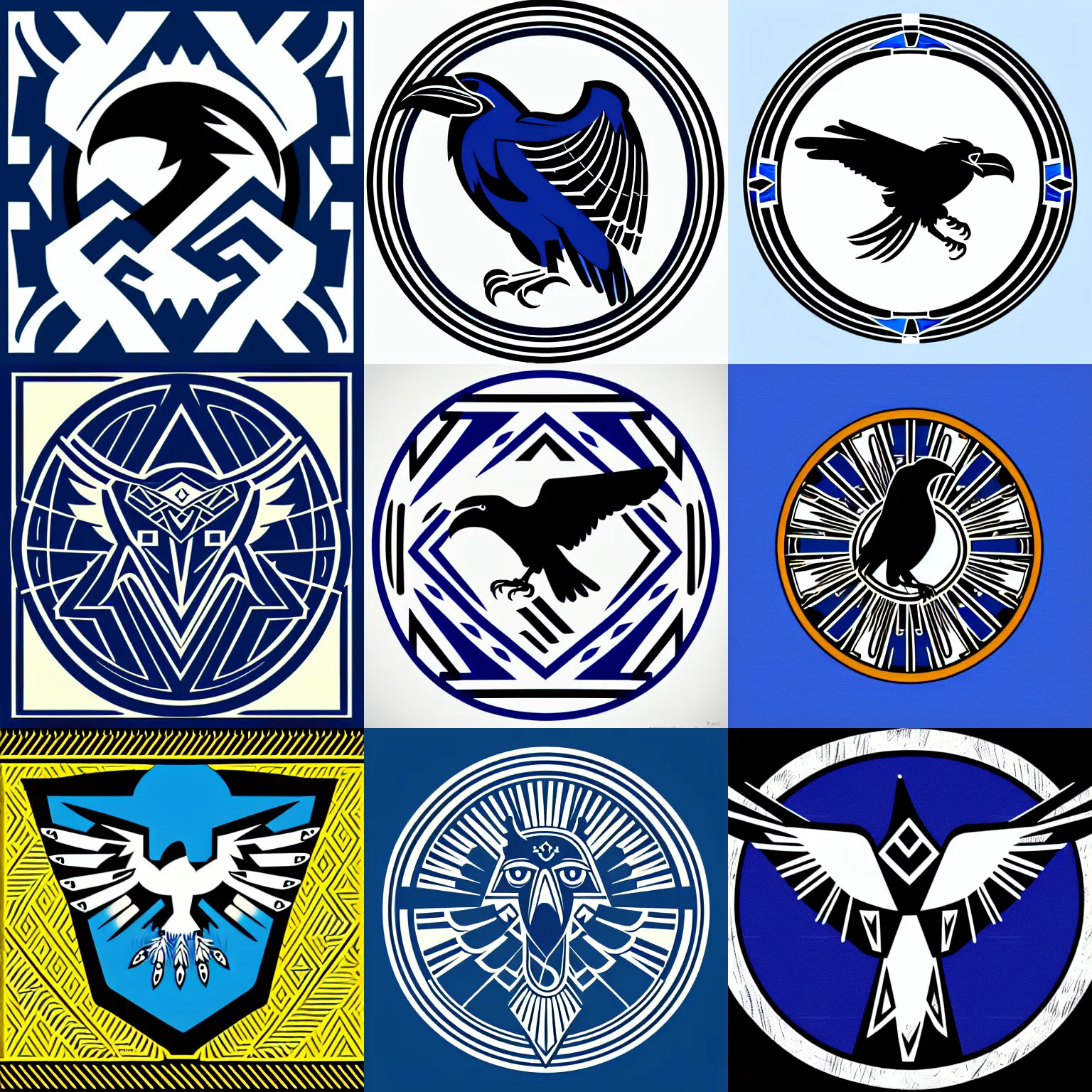Prompt: aztec style emblem portraying a raven, corporate logo, art deco, stylized, iconic, vector art, two - tone, clean lines, ultramarine blue and titanium white