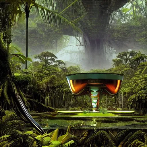 Prompt: alien artifacts in the jungle, lost alien tech, ancient alien tools and houses, tropical forest, moss, glowing alien circles and monuments, alien relic, syd mead, john harris, art station