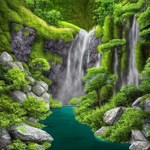 Image similar to photorealistic fantasy digital art depicting a very - distant aerial view of : at the peak of the world's tallest mountain is a small pond. a waterfall is falling from the pond down to the base of the mountain into a lake. the waterfall is unbelievably tall, and the mountain is extremely steep and narrow. there is a city surrounding the lake.