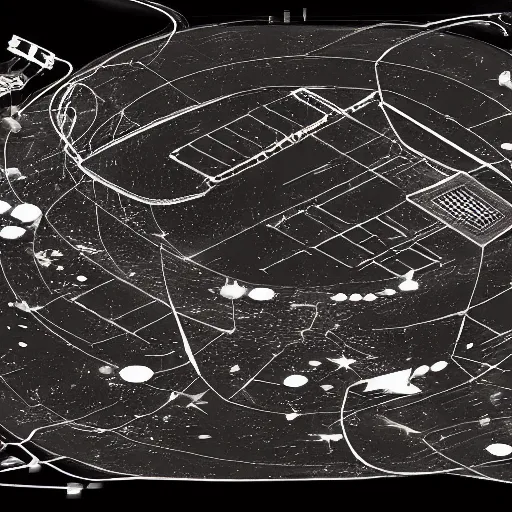 Image similar to a space junkyard forming a tilted disk in black starless space, a graveyard of space stations and giant space structures, dark sci - fi game map with solid black background