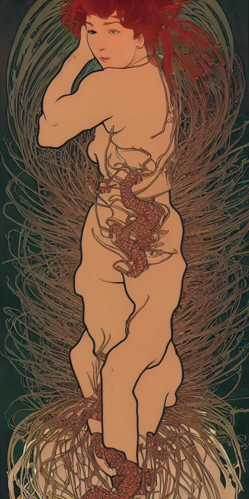 Image similar to a woman splits open and hundreds of centipedes crawl from her wounds, 8 k, ultra realistic, moebius alphonse mucha, junji ito,