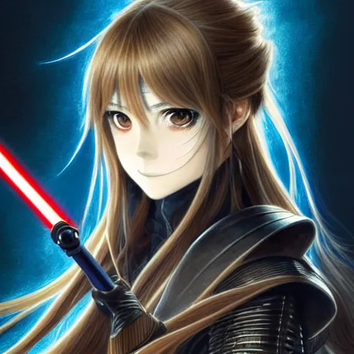 Image similar to Masterpiece head and shoulders portrait of a female Kazuto Kirigaya Kirito, young woman with blonbrown long hair and bangs and wearing a long black coat breast-armor showing through, holding a light saber, face, fantasy, intricate, elegant, highly detailed drawn by Donato Giancola and Fernanda Suarez and Artem Demura, face by Artgerm and Edmund Leighton, Alphonse Mucha, background by James Jean and Gustav Klimt, 4k, porcelain skin, komorebi, french nouveau, trending on pixiv, octane render, hyperrealistic