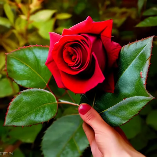 Prompt: a red rose with thorns and leaves growing seemingly from my open hands, wide angle, photoreal, volumetric light, skin blending plant, dramatic, amazing, stunning, by greg rutkowski
