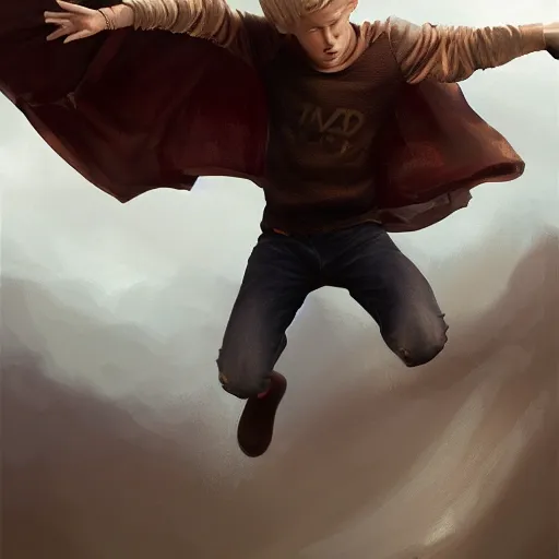 Prompt: blonde boy with golden eyes wearing a brown cape and flying in t pose, energy background, brush strokes, greg rutkowski, oil painting