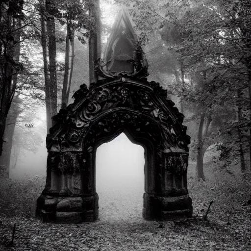 Image similar to gothic faerie portal in the foggy woods black and white