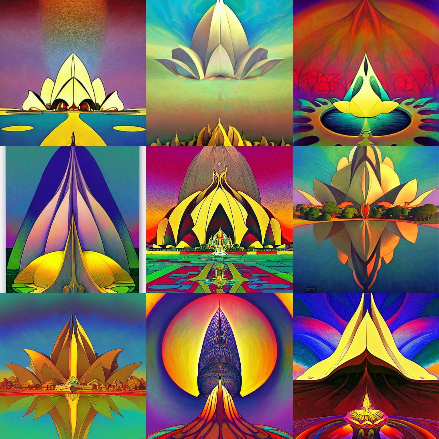 Prompt: beautiful divine lotus temple by escher and anato finnstark, peter max, mucha