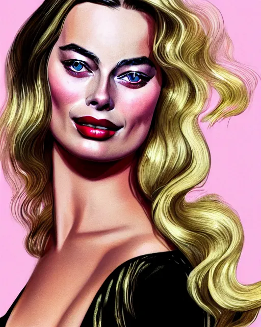 Image similar to closeup portrait beautiful seductive margot robbie with long windblown hair in a gold party dress in standing on a street in chinatown, pink lipstick, glamour pose, detailed illustration, digital art, trending on artstation, arney freytag, frank miller, moebius, graffiti, gta v,