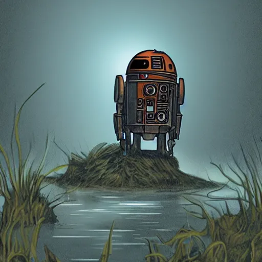 Image similar to illustration of a small and rusty observation droid in a swamp by don bluth, eerie atmosphere, fog, cinematic lighting, pulp adventure comics