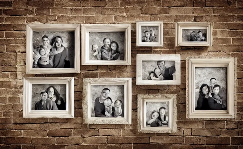 Prompt: storybook illustration of family photo portraits in picture frames on a wall, watercolor, sepia tints