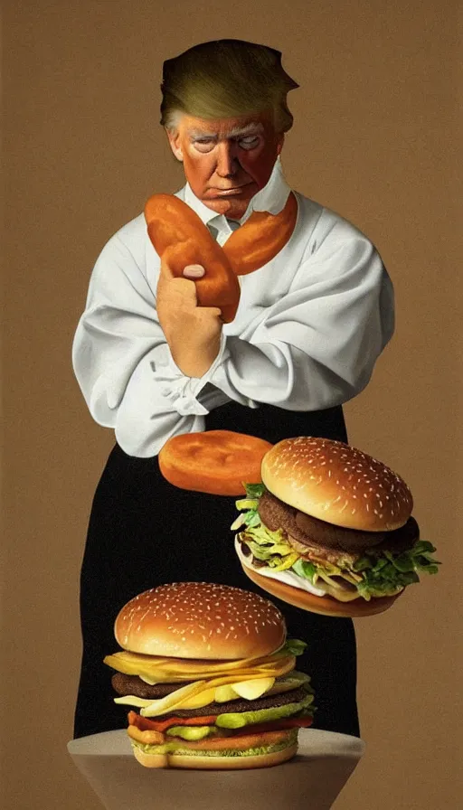 Prompt: still life painting of Donald Trump holding a McDonalds Big Mac, by Caravaggio, hyperrealistic, botanical print