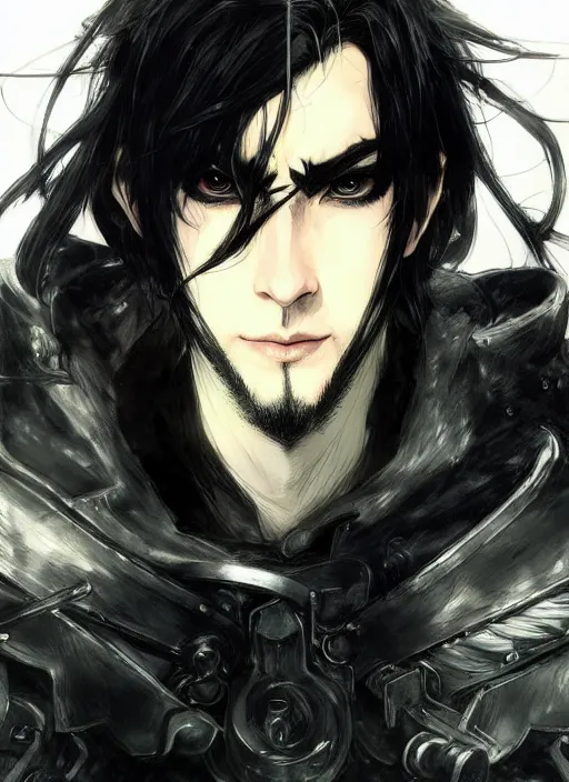 Image similar to Half body portrait of a handsome elven warrior with long black hair and facial hair wearing a black jacket. In style of Yoji Shinkawa and Hyung-tae Kim, trending on ArtStation, dark fantasy, great composition, concept art, highly detailed.