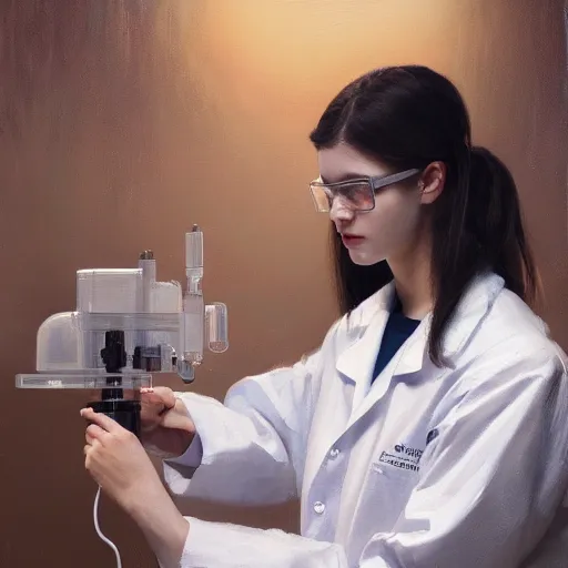 Prompt: girl with cat ears wearing a labcoat in a biology lab, microscope on table, expressive oil painting, trending on artstation, sunlit, octane render, by jeremy lipking, beautiful lighting