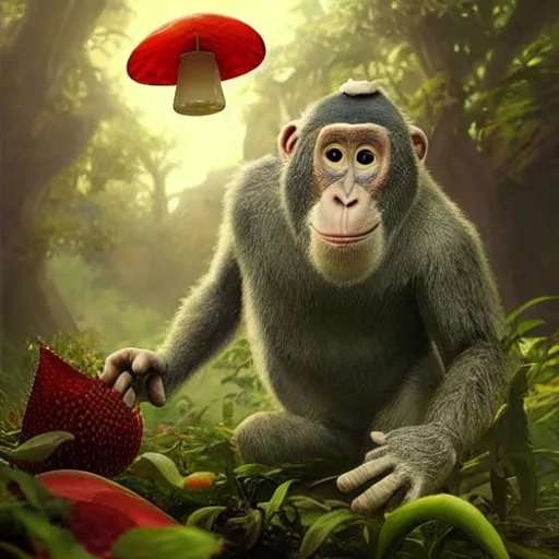 Prompt: a wholesome animation key shot of a gorrila holding a amanita muscaria, pixar and disney animation, sharp, rendered in unreal engine 5, anime key art by greg rutkowski, bloom, dramatic lighting