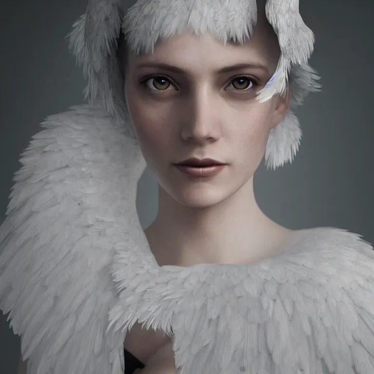 Image similar to hight focus of a wonderful realistic focused sweet wonderful symmetrical mid portrait of a lonely woman with a detailed wonderful, majestic, large semi transparent white cotton dress like as a realistic black raven, dramatic light, octane render - 8 k