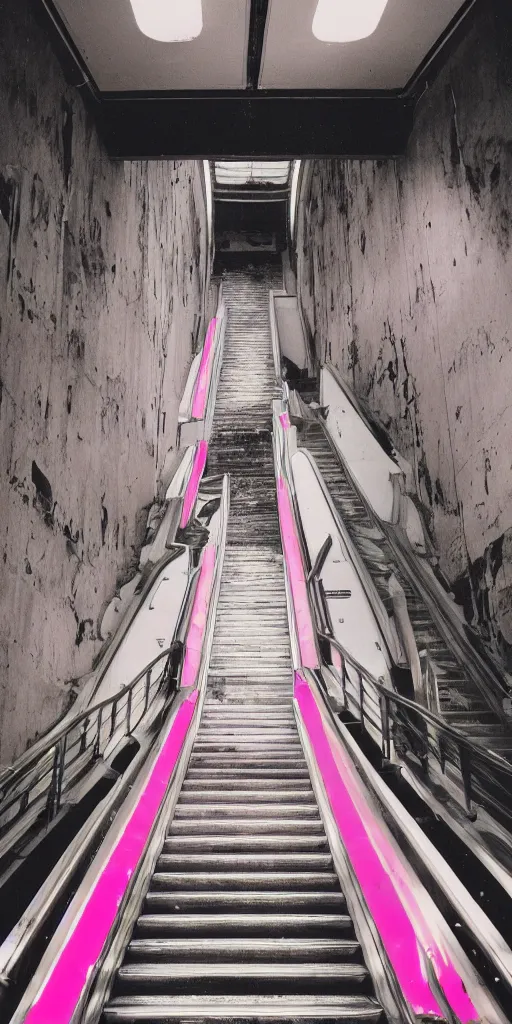 Prompt: 1980s magazine photo of an escalator in an abandoned mall, with interior potted palm trees, and decaying pink walls, dappled sunlight, cool lighting