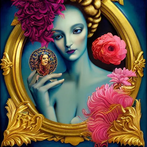 Prompt: golden ratio composition, a painting of a blue skinned woman with hair of flowers and peacock plummage wearing ornate earrings, a surrealist painting by tom bagshaw and jacek yerga and tamara de lempicka and jesse king, featured on cgsociety, pop surrealism, surrealist, dramatic lighting, wiccan, pre - raphaelite, ornate gilded details