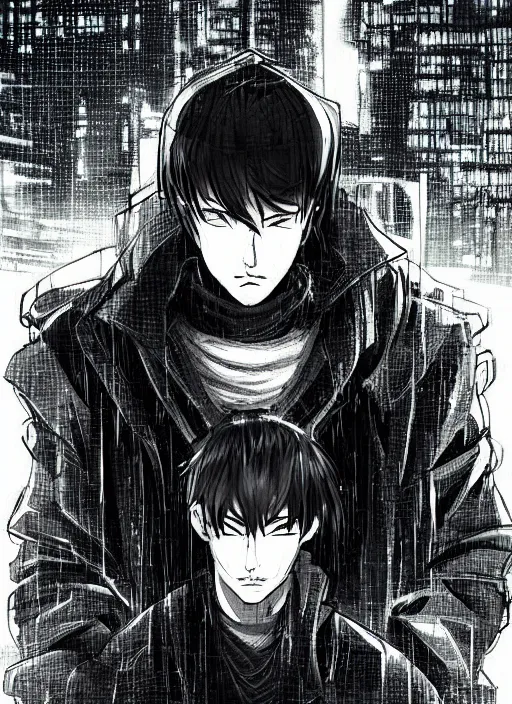 Image similar to manga cover, black-haired man wearing a black hoodie, stubble beard, thick eyebrows, short hair, intricate cyberpunk city, emotional lighting, character illustration by tatsuki fujimoto