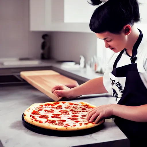 Prompt: ugly black and white exotic shorthair cat making pizza in a modern kitchen, realistic photo,