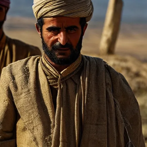 Image similar to Close up of a Kurdish shepherd wearing traditional Kurdish clothes in a movie directed by Christopher Nolan, movie still frame, promotional image, imax 70 mm footage