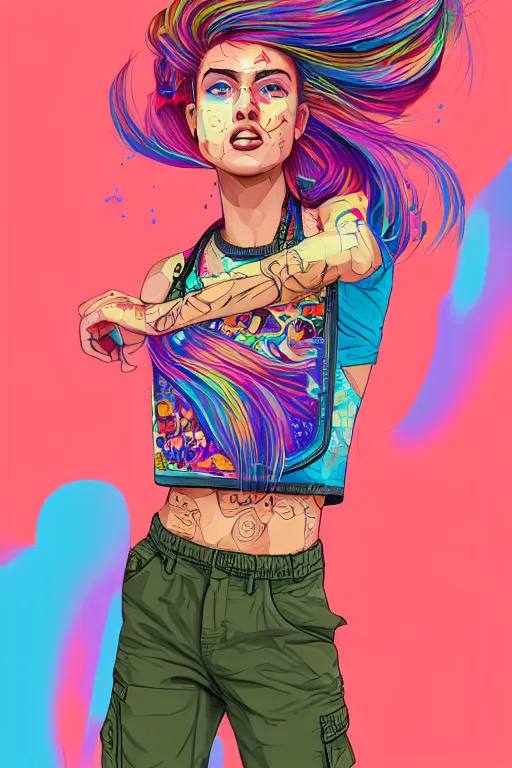 Image similar to a award winning half body portrait of a beautiful woman with stunning eyes in a printed croptop and cargo pants with rainbow colored ombre hairstyle head in motion and hair flying by josan gonzales, outrun, vaporware, shaded flat illustration, digital art, trending on artstation, highly detailed, fine detail, intricate