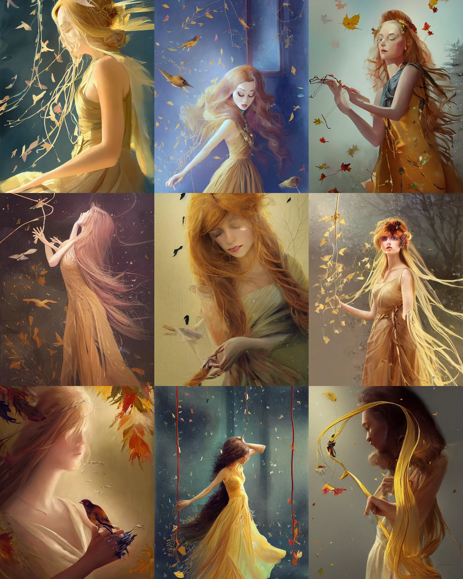 Prompt: museum curator of abstract work with long golden hair and a beautiful dress with ribbons, leaf, swings, birds, painter, glass, winter, musician, silk, high heel, magnificent, medium shot close up, details, abstract cloth, sharp focus, elegant, highly detailed, illustration, by Jordan Grimmer and greg rutkowski and PiNe(パイネ) and 薯子Imoko and 香川悠作 and wlop and maya takamura, intricate, beautiful, Trending artstation, pixiv, digital Art