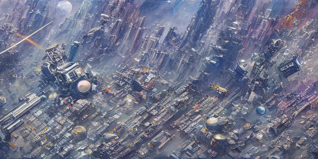 Image similar to a painting of low earth orbit busy space city by chase stone and paul chadeisson. ultra clear detailed, 4 k