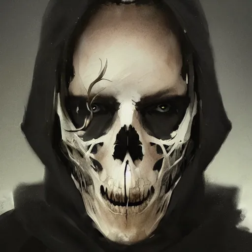 Image similar to portrait of a character wearing a black cloak, with a white deer skull mask, dramatic lighting, illustration by Greg rutkowski, yoji shinkawa, 4k, digital art, concept art, trending on artstation