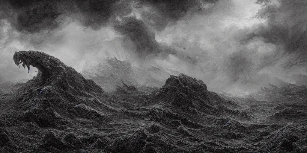 Prompt: in the raging storm, prehistoric landscape, drawn by christan delort and jean gireaud, and gustave dore, graphic black and white, hatching, low camera, wide angle, centered composition, golden ratio