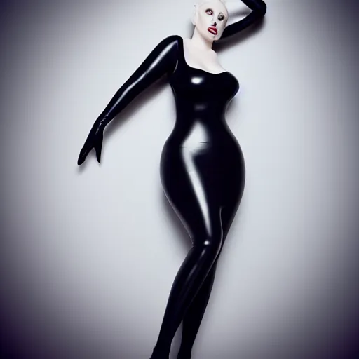 Image similar to portrait of a curvy feminine pale goth cutie in a modest intricate latex-leather-rubber tight neck-high dress, with a thin waist, rubber stockings, cgsociety, photorealistic, sublime-comfy-elegant ambience, 16k, smooth, sharp focus, trending on ArtStation, volumetric lighting, fully clothed, worksafe