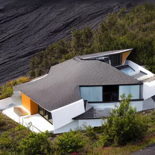 Image similar to modern house surrounded by lava, on top of a large mountain , hyper realistic, photo real, HD